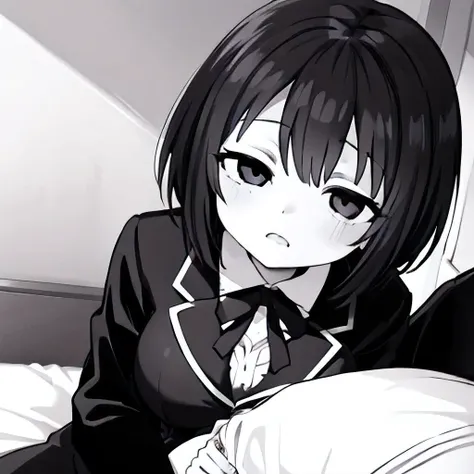((( Line art ))),((( monochrome:1.1))) ,1girl,1boy ,pov_arm_hug,iris , Dark Eyes ,( small eyes ),(Slanted Eyes) ,(black hair),( short hair ),bangs ,(half closed eyes),(((short stature:1.2))),(black blazer ),white shirt ,red ribbon ,(big breasts ), (disprop...