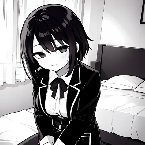 ((( Line art ))),((( monochrome:1.1))) ,1girl,1boy ,pov_arm_hug,iris , Dark Eyes ,( small eyes ),(Slanted Eyes) ,(black hair),( short hair ),bangs ,(half closed eyes),(((short stature:1.2))),(black blazer ),white shirt ,red ribbon ,(big breasts ), (disprop...
