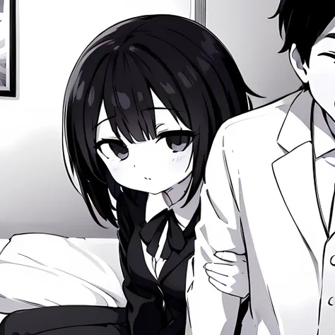 ((( Line art ))),((( monochrome:1.1))) ,1girl,1boy ,pov_arm_hug,iris , Dark Eyes ,( small eyes ),(Slanted Eyes) ,(black hair),( short hair ),bangs ,(half closed eyes),(((short stature:1.2))),(black blazer ),white shirt ,red ribbon ,(big breasts ), (disprop...