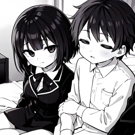 ((( Line art ))),((( monochrome:1.1))) ,1girl,1boy ,pov_arm_hug,iris , Dark Eyes ,( small eyes ),(Slanted Eyes) ,(black hair),( short hair ),bangs ,(half closed eyes),(((short stature:1.2))),(black blazer ),white shirt ,red ribbon ,(big breasts ), (disprop...