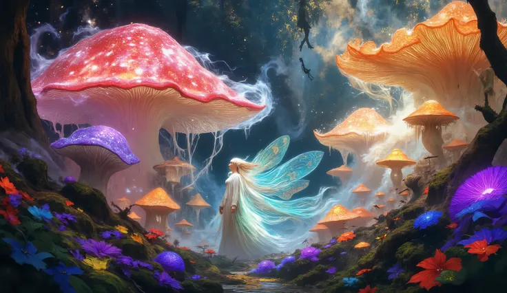 Ethereal fairy artist with translucent glowing wings and flowing iridescent robes, surreal otherworldly garden, giant bioluminescent mushrooms, alien flora, spray painting vibrant graffiti murals on enormous mushroom caps, melting oil gouache creating psyc...