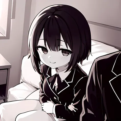 ((( Line art ))),((( monochrome:1.1))) ,1girl,1boy ,pov_arm_hug,iris , Dark Eyes ,( small eyes ),(Slanted Eyes) ,(black hair),( short hair ),bangs ,(half closed eyes),smile,(((short stature:1.2))),(black blazer ),white shirt ,red ribbon ,(big breasts ), (d...