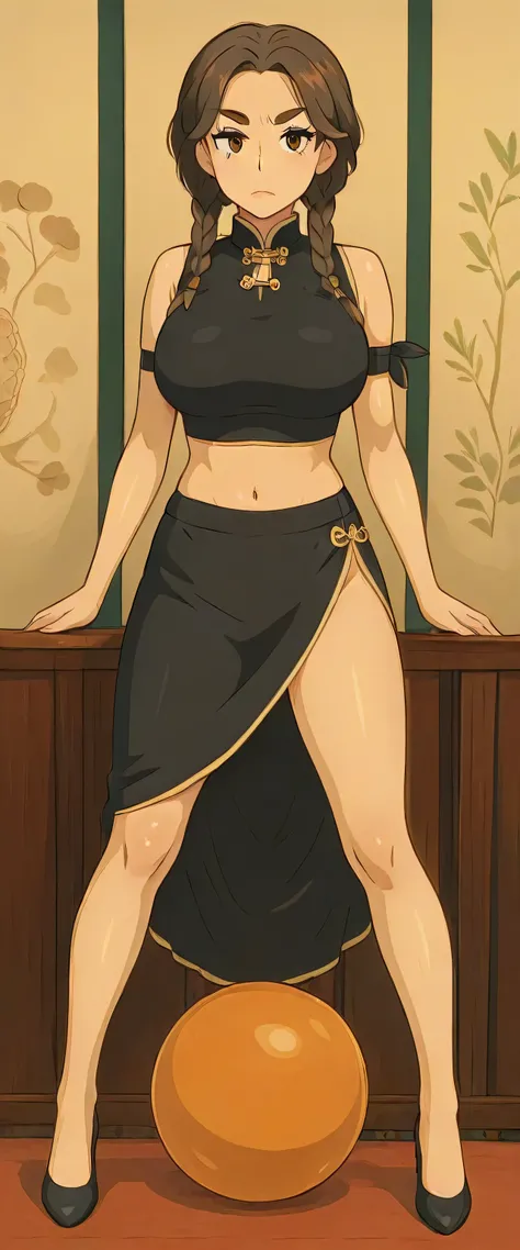 A sexy girl beautiful big breasts beautiful dark brown hair long wavy ball on top braids china her light brown eye large eyebrow wide eyelash long large dresses top black vest Asiatica china shows navel and a black skirt Asian dress legs thigh black heel s...