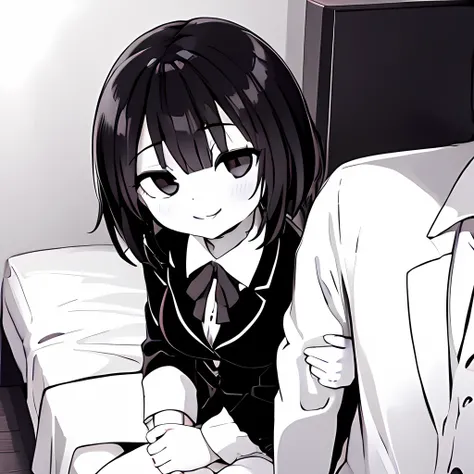 ((( Line art ))),((( monochrome:1.1))) ,1girl,1boy ,pov_arm_hug,iris , Dark Eyes ,( small eyes ),(Slanted Eyes) ,(black hair),( short hair ),bangs ,(half closed eyes),smile,(((short stature:1.2))),(black blazer ),white shirt ,red ribbon ,(big breasts ), (d...