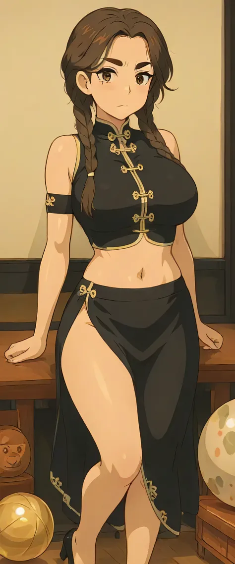 A sexy girl beautiful big breasts beautiful dark brown hair long wavy ball on top braids china her light brown eye large eyebrow wide eyelash long large dresses top black vest Asiatica china shows navel and a black skirt Asian dress legs thigh black heel s...