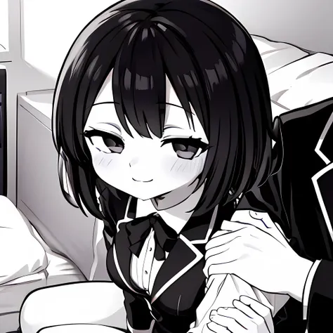 ((( Line art ))),((( monochrome:1.1))) ,1girl,1boy ,pov_arm_hug,iris , Dark Eyes ,( small eyes ),(Slanted Eyes) ,(black hair),( short hair ),bangs ,(half closed eyes),smile,embarrassed,(((short stature:1.2))),(black blazer ),white shirt ,red ribbon ,(big b...