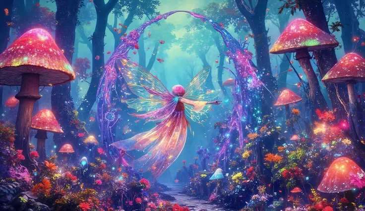 Aerial view of ethereal fairy artist with magnificent translucent wings spread wide, hovering above colossal mushroom forest while creating elaborate graffiti masterpiece, flowing iridescent robes billowing upward defying gravity, surreal otherworldly gard...