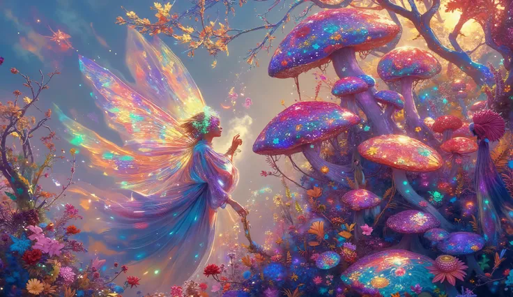 Aerial view of ethereal fairy artist with magnificent translucent wings spread wide, hovering above colossal mushroom forest while creating elaborate graffiti masterpiece, flowing iridescent robes billowing upward defying gravity, surreal otherworldly gard...