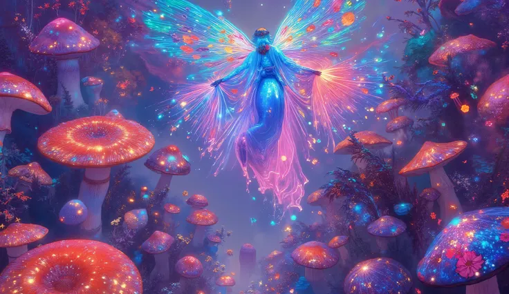 Aerial view of ethereal fairy artist with magnificent translucent wings spread wide, hovering above colossal mushroom forest while creating elaborate graffiti masterpiece, flowing iridescent robes billowing upward defying gravity, surreal otherworldly gard...