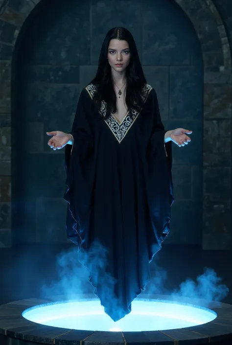 mysterious seductive girl in dark room with blue light, she is dressed in a flowing black silk dress with a hood, the dress has a deep neckline and cutouts along the sides, the dress has silver swirling branching patterns around the shoulders, the edges of...