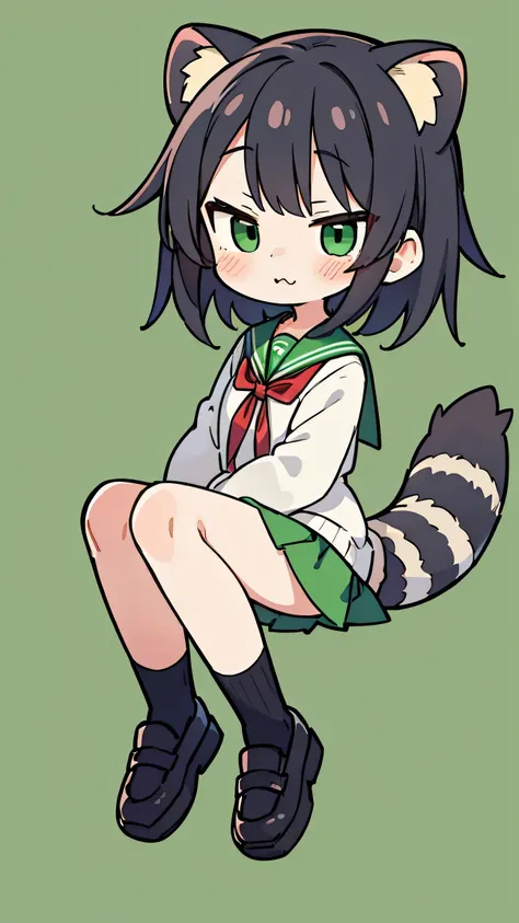 Nime style、cute face、 female、 Raccoon Ears、Raccoon Tail、black hair、 short hair、 green sailor suit、red ribbon、green skirt、simple background、green eyes、Black school shoes、Cute mouth