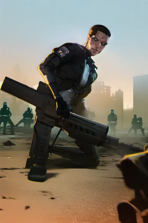 dark background，瓦礫の街中,Terminator soldiers are holding lots of rifles in a ruined city，stare at me、I need my whole body ，