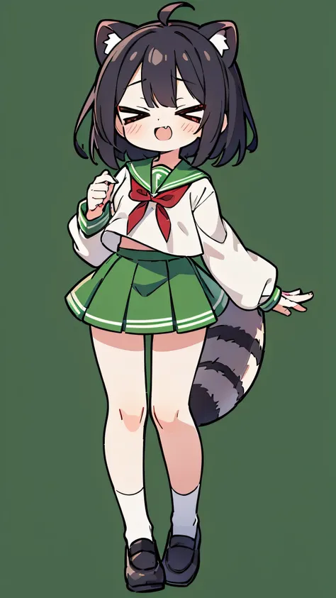 Nime style、cute face、 female、 Raccoon Ears、Raccoon Tail、black hair、 short hair、 green sailor suit、red ribbon、green skirt、simple background、double teeth、closes his eyes、Black school shoes、 looking cold