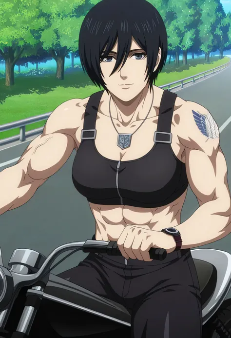 anime coloring, anime screencap, mikasa ackerman, 1girl, solo, short hair, black hair, towards viewer, badass, closed mouth, black sport bra, , black pants, sitting on bike, cowboy shot, reaching towards viewer,, in road street, masterpiece, best quality, ...