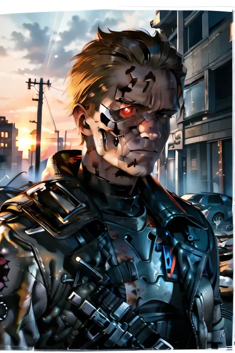 dark background，In the city of rubble,Terminator soldiers have lots of rifles in the ruined city，stare at me、 I want my whole body shot by  ，there are lots of skeletal robots