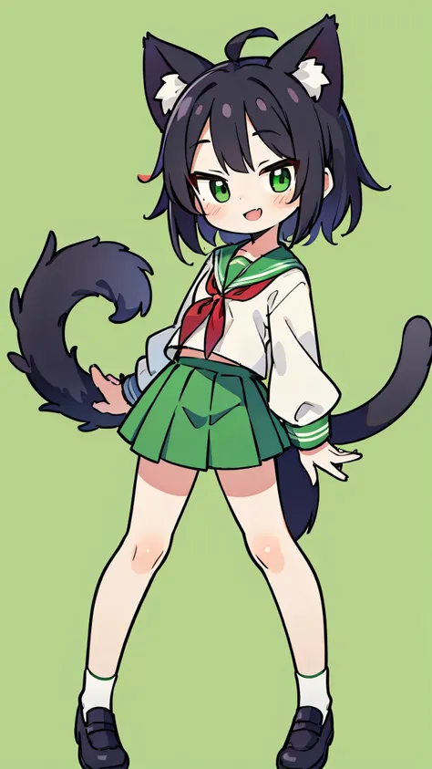 Nime style、cute face、 female、 fox ears、A cat's thin tail、black hair、 short hair、 green sailor suit、red ribbon、green skirt、simple background、green eyes、Black school shoes、double teeth、smile