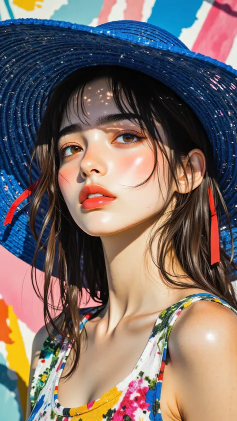 8k, Masterpiece, Top Quality, medium close-up, woman, wearing large blue wide-brimmed sun hat with red ribbon, fair skin, light brown hair, wearing colorful dress, vibrant red lips, abstract colorful background with blues, pinks, yellows and oranges.