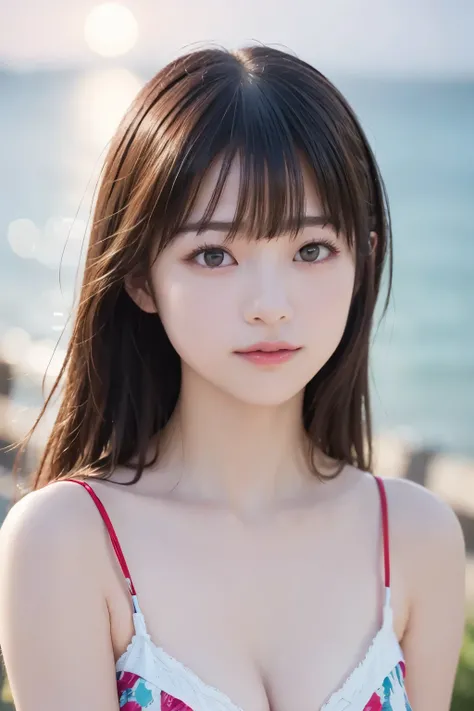 beautiful woman's face up, soft expression, Sober 、is young、 make your breasts smaller、Attractive Portrait of a Woman Warmly Shouldered with Bare Shoulders Illuminated by Warm Light, sunset seaside background , High Quality Realistic Digital Art, Photograp...