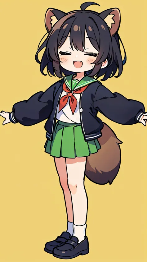 Nime style、cute face、 female、 Raccoon Ears、Raccoon Tail、black hair、 short hair、 green sailor suit、red ribbon、green skirt、simple background、double teeth、closes his eyes、Black school shoes、smile、double teeth、A person standing with both arms raised high in th...