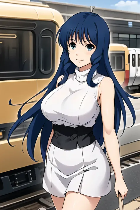  White Outfit ，Navy blue long hair,Diva,nice smiles，Can you draw a woman looking at a train，Can you draw a woman waiting in front of the car in front of you，東京の地下鉄ホームでwaiting for the train女性は描けますか， ,congestion,waiting for the train，fun，Underground railway ...