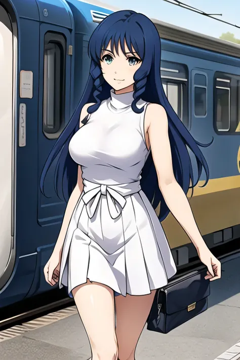  White Outfit ，Navy blue long hair,Diva,nice smiles，Can you draw a woman looking at a train，Can you draw a woman waiting in front of the car in front of you，東京の地下鉄ホームでwaiting for the train女性は描けますか， ,congestion,waiting for the train，fun，Underground railway ...