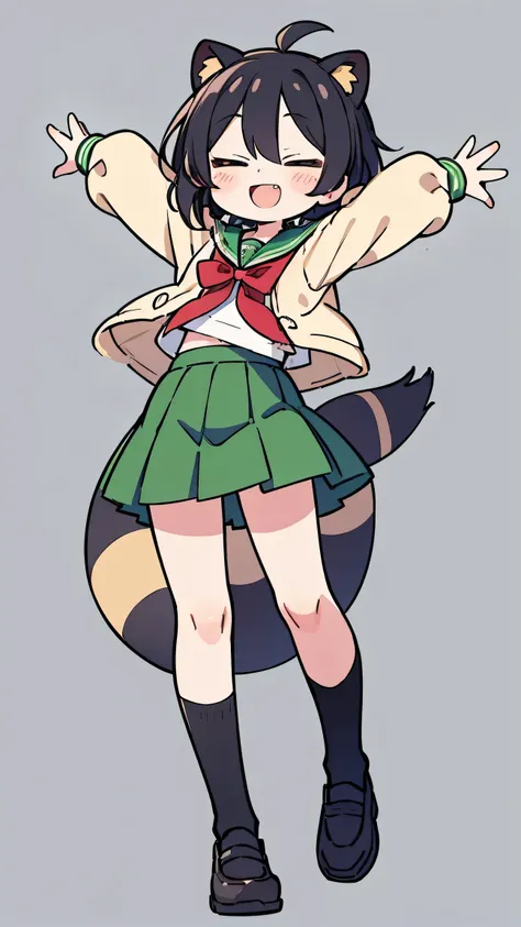 Nime style、cute face、 female、 Raccoon Ears、Raccoon Tail、black hair、 short hair、 green sailor suit、red ribbon、green skirt、simple background、double teeth、closes his eyes、Black school shoes、smile、double teeth、A person standing with both arms raised high in th...