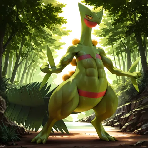 solo, full body, from front, standing, BREAK Sceptile(Pokémon), Pokémon(creature), BREAK big eyes, slant eyes, black eyes, looking at viewer, smile, BREAK (Toned body), Huge and strong body of overwhelming muscularity, Hyper Giant muscles, Very thick arms ...