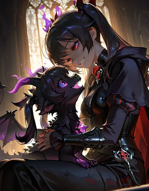 1girl,twin pony Tails, black hair,(playing with Dark baby dragon),In magical Dark castle, Dark painting color,best quality,4k,masterpiece,ultra-detailed,realistic,HDR,UHD,studio lighting, Gloomy colors,Dark  fantasy landscape,whimsical,magical,enchanted,La...
