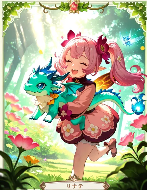 1girl,twin pony Tails,pink hair,(playing with baby dragon),In magical meadow, pallete color,best quality,4k,masterpiece,ultra-detailed,realistic,HDR,UHD,studio lighting,vivid colors,fairy fantasy landscape,whimsical,magical,enchanted,lush greenery,colorful...
