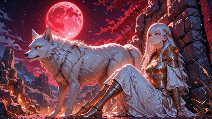 in full height, beautiful elven girl, very long white hair, loose armor develops to the side, Side bangs , Golden eyes, palladine, white and gold, at her foot sits a big white wolf, against the background of the Redstone Canyon, Night, stars, in the sky th...