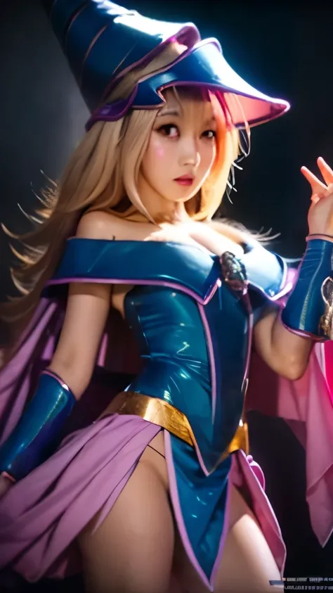 Dark Magician Girl,   mysterious magical background  ,   mysterious magical background  ,miniskirt、I have lacerations on my skin、 sensual poses,   dark heart in the air  , detailed face, Beautiful Tongue,  fellatio face、detailed eyes, detailed lips,  Magni...