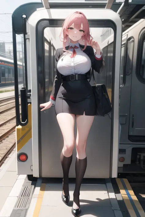 pink hair at the base，nice smiles，Big Breastsでもウエストが細い，Can you draw a woman looking at a train，can you draw a woman waiting in front of the car in front of you，東京の地下鉄ホームでwaiting for the train女性は描けますか， ,congestion,waiting for the train，fun，Underground railw...