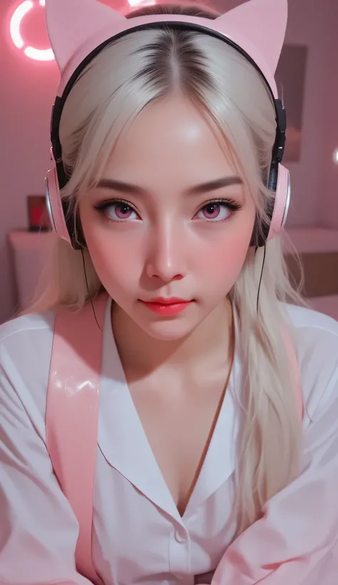 1 girl, sexy 18 year old girl , girl with long white hair, pink eyes, futuristic vibes, cat headphones, 8k, high quality, simple background, glowing eyes, nice pose , pigtails, beautiful face, gorgeous, beautiful, beautiful, beautiful face, pale skin, part...