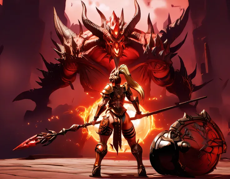 a cinematic action shot of 1girl fighting 1monster, bosstyle, destroyed sanctuary background with a mix of dark green and black color themes, hkstyle, back side view, score_9, score_8_up, score_7_up, masterpiece, best quality, ultra detailed, hdr, BREAK, A...