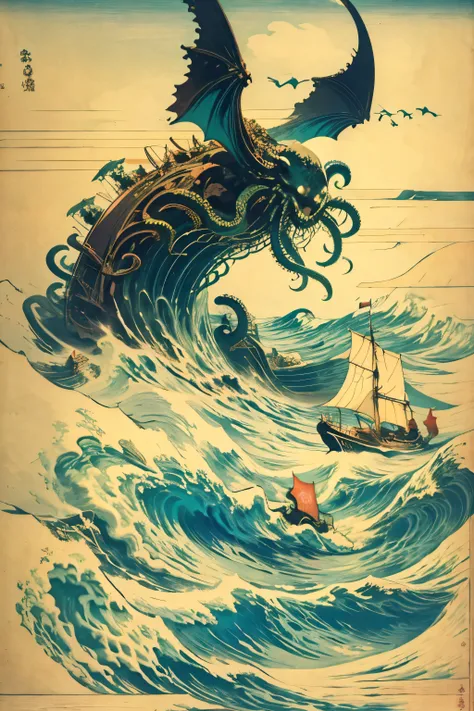A sailing ship that encountered a monster called Cthulhu at sea , The composition is a sailing ship at the bottom of the screen and a monster at the top of the screen ,The monster is trying to capture the sailing ship , This monster has a head like an octo...