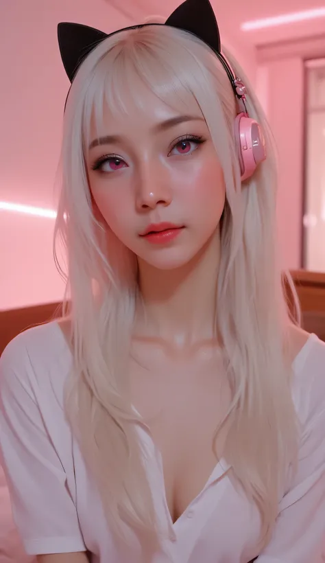 1 girl, sexy 18 year old girl , girl with long white hair, pink eyes, futuristic vibes, cat headphones, 8k, high quality, simple background, glowing eyes, nice pose , pigtails, beautiful face, gorgeous, beautiful, beautiful, beautiful face, pale skin, part...