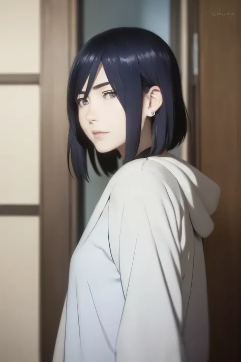an hiperealistic shot of hinata(shippuden), ((izumi Nase)), Detailed eyes, short hair, straight hair, hair ornament,, (sweet woman), anime style, ((happy)), ((sweet)), ((delicated)), without bangs, ((navy hair))
((mature)), ((woman)), ((hiper detailed)), b...