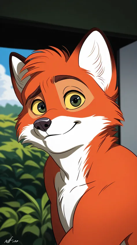 NickWilde fox , yellow sclera, solo, detailed, detailed face, black eyes, anthro body, male, adult, muscular, cartoon shading, cel shaded:1.0, flat colors, (no background, white background):1.5, shirtless, wfa style, negger style, cartoony anatomy, above w...