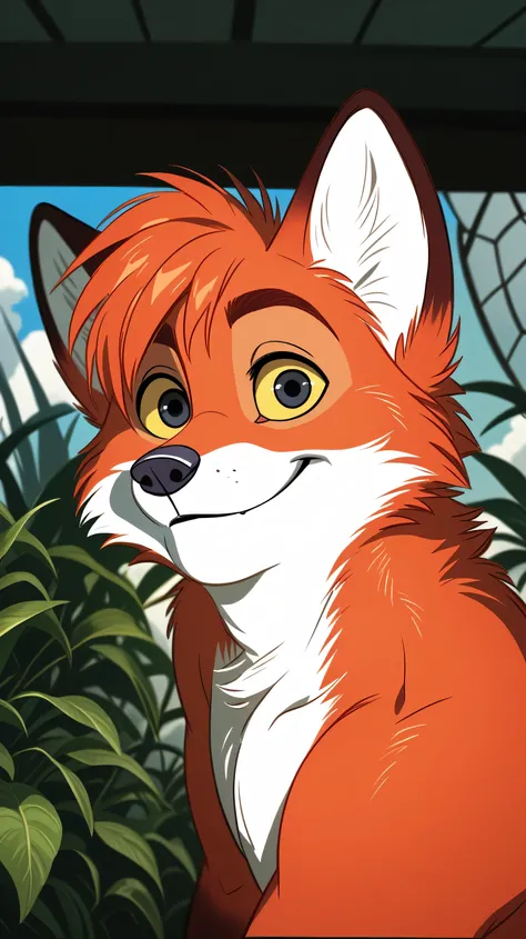 NickWilde fox , yellow sclera, solo, detailed, detailed face, black eyes, anthro body, male, adult, muscular, cartoon shading, cel shaded:1.0, flat colors, (no background, white background):1.5, shirtless, wfa style, negger style, cartoony anatomy, above w...
