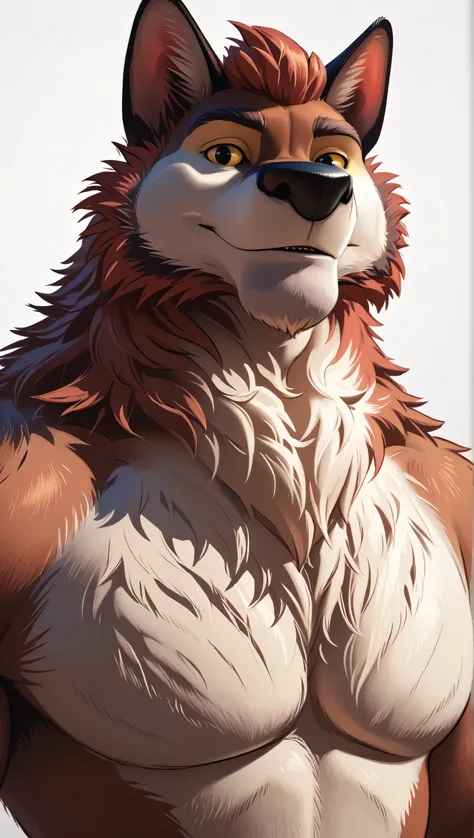  Flasheart Lupin (100% Wolf), yellow sclera, solo, detailed, detailed face, black eyes, anthro body, male, adult, muscular, cartoon shading, cel shaded:1.0, flat colors, (no background, white background):1.5, shirtless, wfa style, negger style, cartoony an...