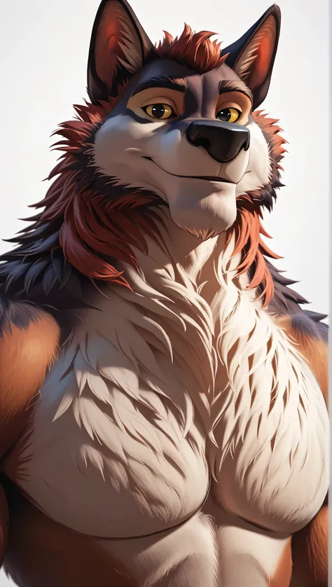  Flasheart Lupin (100% Wolf), yellow sclera, solo, detailed, detailed face, black eyes, anthro body, male, adult, muscular, cartoon shading, cel shaded:1.0, flat colors, (no background, white background):1.5, shirtless, wfa style, negger style, cartoony an...
