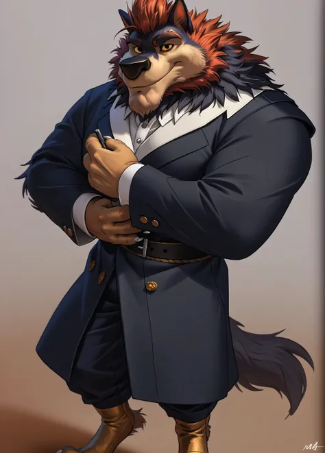  Flasheart Lupin (100% Wolf), yellow sclera, solo, detailed, detailed face, black eyes, anthro body, male, adult, muscular, cartoon shading, cel shaded:1.0, flat colors, (no background, white background):1.5, shirtless, wfa style, negger style, cartoony an...