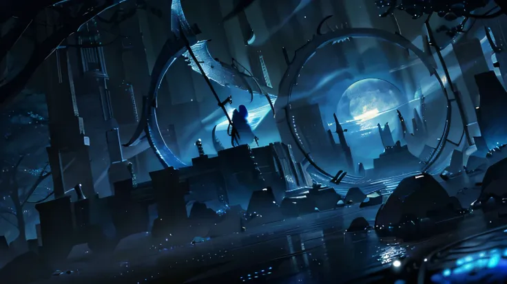 Stargate,　scenery,　reflection, blue theme, light　rock, ruins, pillar, temple,

see-through silhouette, backlighting, ((best quality)), ((masterpiece)), high resolution, sharp focus, (ultra detailed, highly detailed), (highly detailed CG unity 8k wallpaper)...