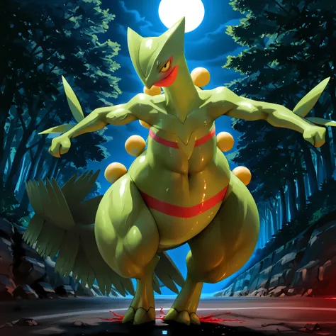 solo, full body, running, strike, BREAK  Sceptile(Pokémon), Pokémon(creature), BREAK big eyes, slant eyes, black eyes, looking at viewer, BREAK (Toned body), Huge and strong body of overwhelming muscularity, Hyper Giant muscles, Very thick arms that swell ...