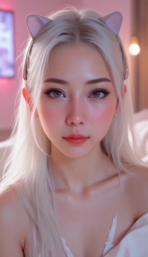 1 girl, sexy 18 year old girl , girl with long white hair, pink eyes, futuristic vibes, cat headphones, 8k, high quality, simple background, glowing eyes, nice pose , pigtails, beautiful face, gorgeous, beautiful, beautiful, beautiful face, pale skin, part...