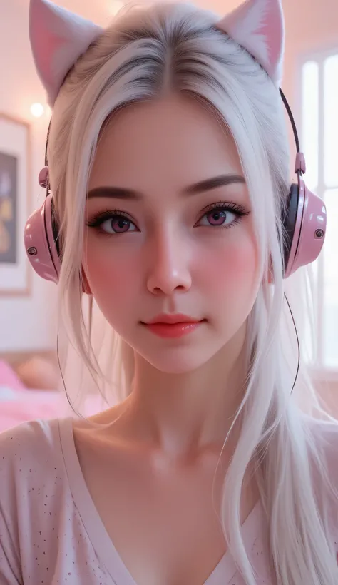 1 girl, sexy 18 year old girl , girl with long white hair, pink eyes, futuristic vibes, cat headphones, 8k, high quality, simple background, glowing eyes, nice pose , pigtails, beautiful face, gorgeous, beautiful, beautiful, beautiful face, pale skin, part...