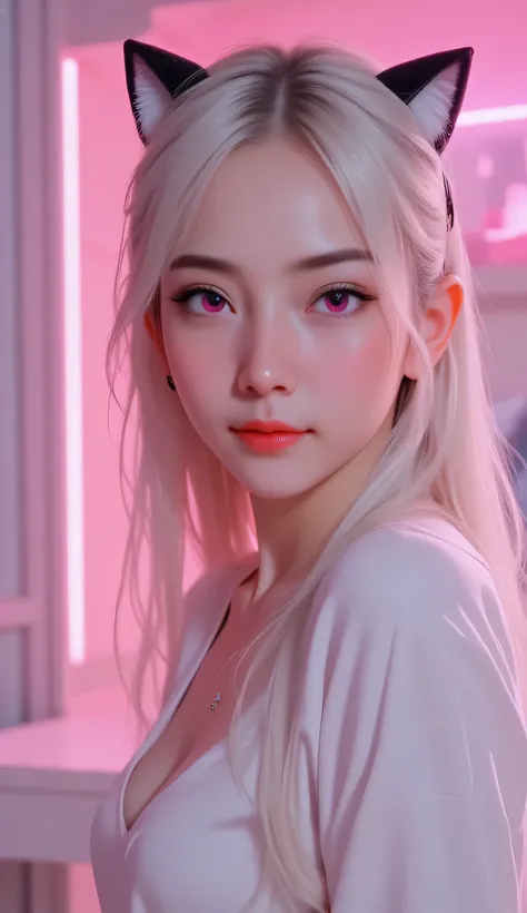 1 girl, sexy 18 year old girl , girl with long white hair, pink eyes, futuristic vibes, cat headphones, 8k, high quality, simple background, glowing eyes, nice pose , pigtails, beautiful face, gorgeous, beautiful, beautiful, beautiful face, pale skin, part...