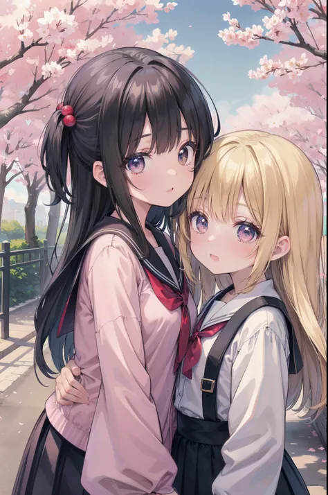 2girls, eyecatch, 1.15::rating:general::, no text, amazing quality, best quality, very aesthetic, absurdres, Digital illustration, anime style, year 2024, upper body, three quarter view, location, outdoors, spring, cherry blossoms, road, -2::halftone::, -2...