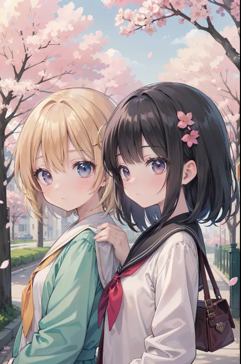2girls, eyecatch, 1.15::rating:general::, no text, amazing quality, best quality, very aesthetic, absurdres, Digital illustration, anime style, year 2024, upper body, three quarter view, location, outdoors, spring, cherry blossoms, road, -2::halftone::, -2...