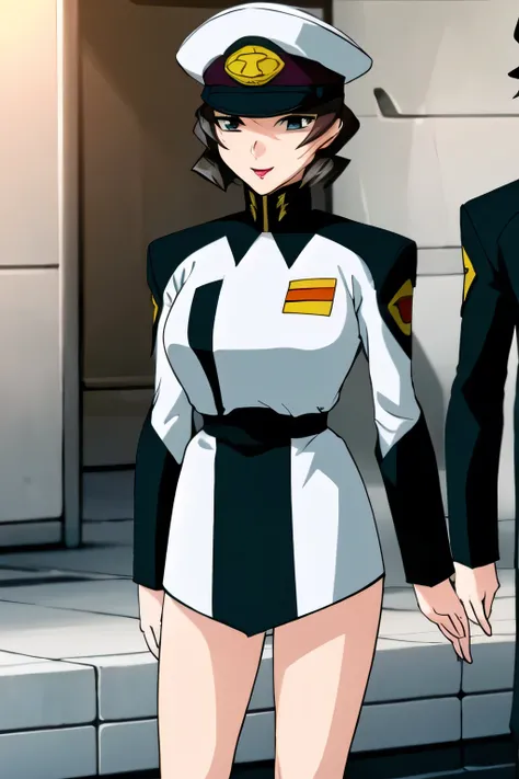 一people立つ,smile,I'm drawing the expression of。depicts her expression more delicately,she's wearing a military hat, With legs ,完全に脱出の妨げになる, black leather micro mini skirt , wearing miniskirt police uniform ,その仕事は1people々々々々々々々々々々々That's enough,40歳大p...